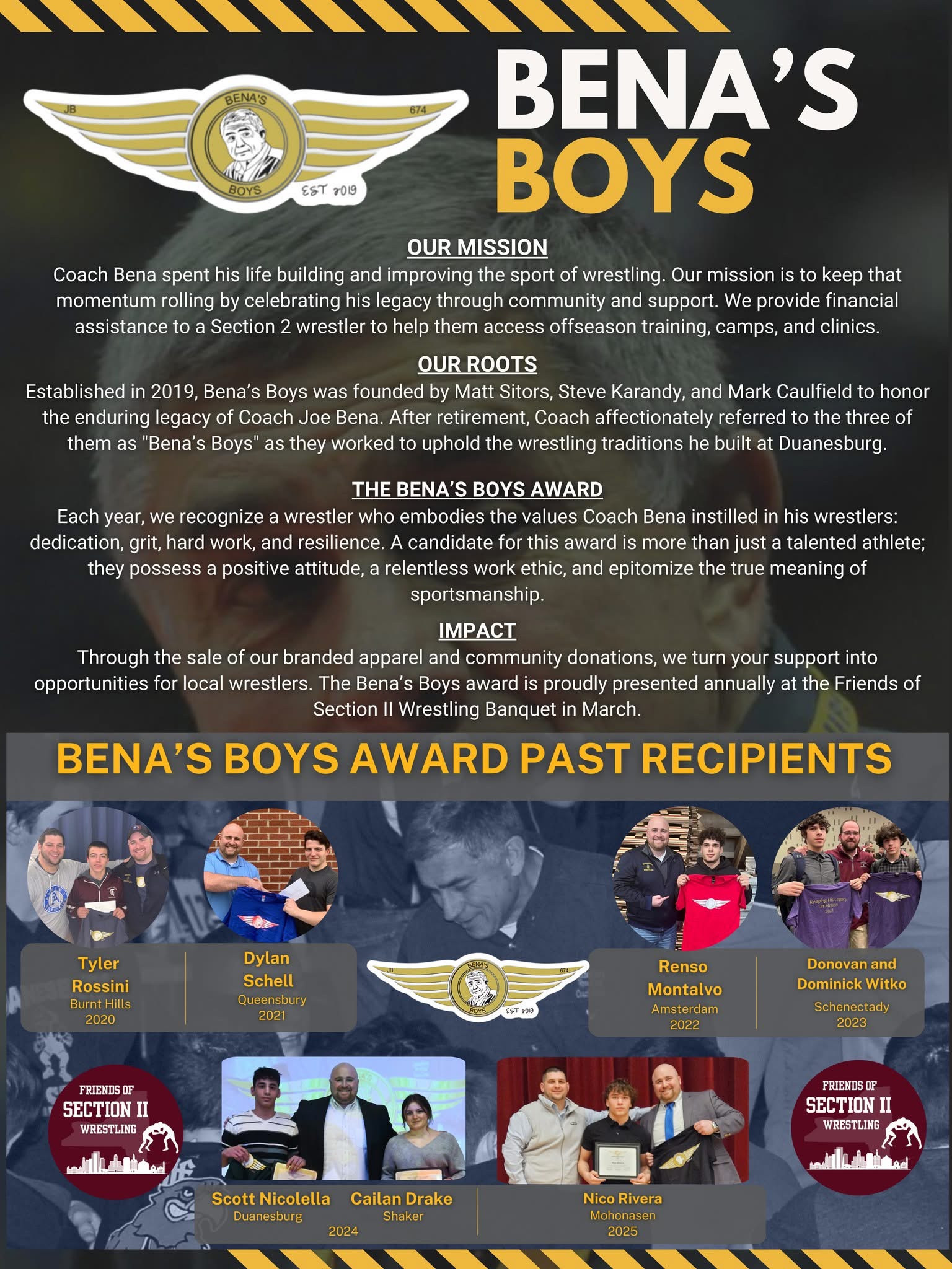 Bena’s Boys poster featuring the program’s mission, roots, award criteria and photos of past award recipients from 2020 through 2025. Readable text follows beside or below the image.